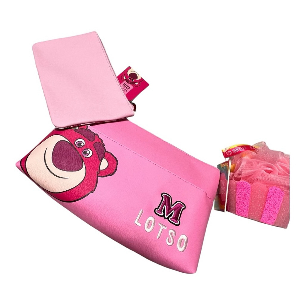 Disney's Toy Story Lotso *M* 2-in-1 Toiletry Makeup Bag set & Shower Poof NWT